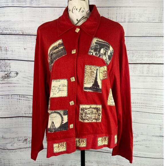 Country Wear Casuals Button Front Shirt Womens M Red Patchwork Paris Vintage - Picture 1 of 16